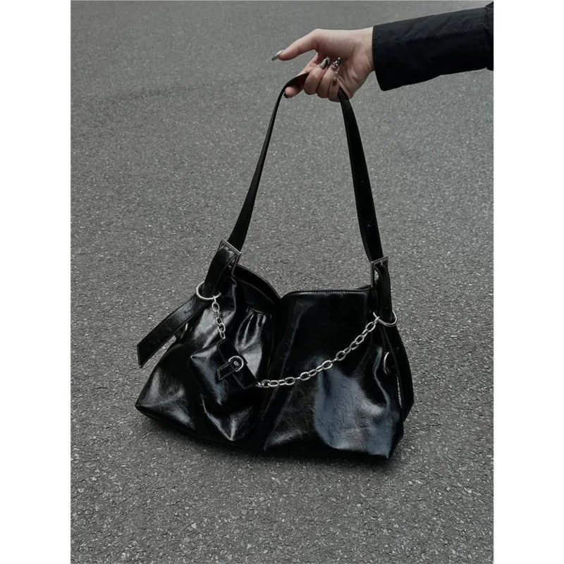 JIAERDI Black Vintage Underarm Bag Women Harajuku Chain Decorative Shoulder Bag With Headphone Bag Large Capacity Tote Bag Y2k