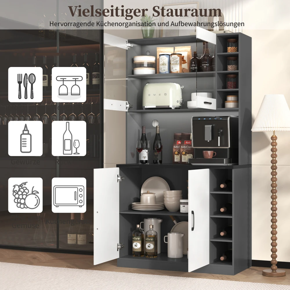 Küchenschrank, Buffet mit LED-Umgebungsbeleuchtung und Kabellöchern, Küchen-Highboard, höhenverstellbare seitliche Aufbewahrungsfächer – Detail 14