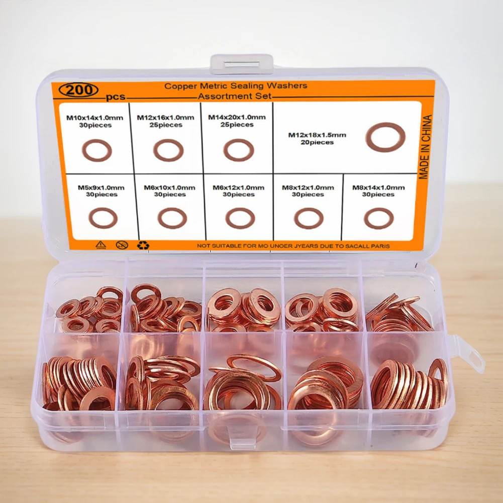 200Pcs Copper Washer Sealing Gasket Assortment Kit Motorcycle Flat Gasket Kit M5 M6 M8 M10 M12 M14 Pure Copper Oil Plugs Washer