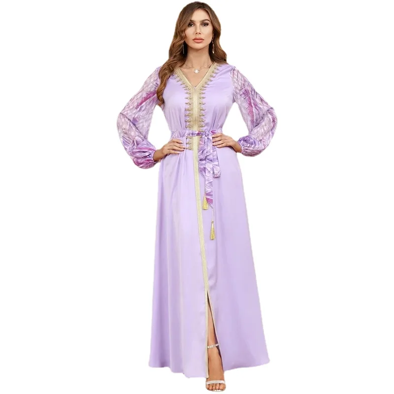 

Autumn SummerMuslim Dresses for Women Elegant Muslim Long Sleeve V-neck Polyester Green Purple Blue Long Dress Muslim Abaya