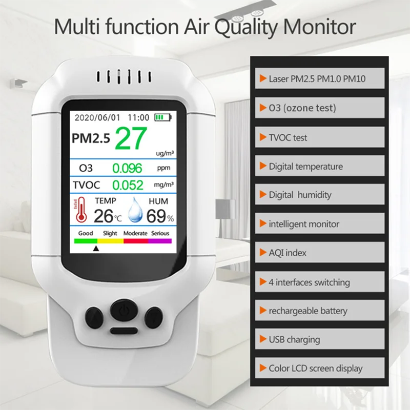 

DM502-O3 ozone detector ozone concentration PM2.5PM1.0PM10 temperature and humidity TVOC quality level 7-in-1