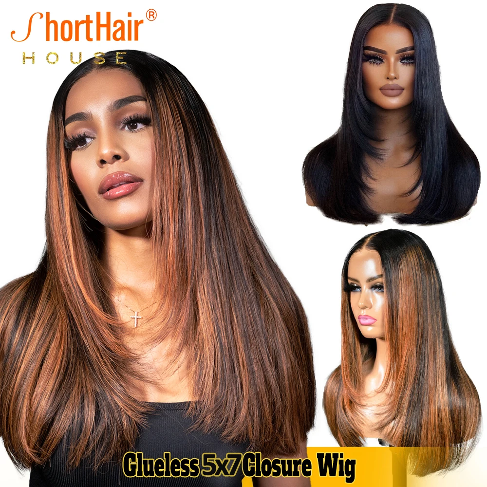 Ginger Orange Human Hair Wigs 5x7 Lace Closure Wigs Layered Cut Wavy Invisible Strap Glueless 360 Lace Frontal Human Hair