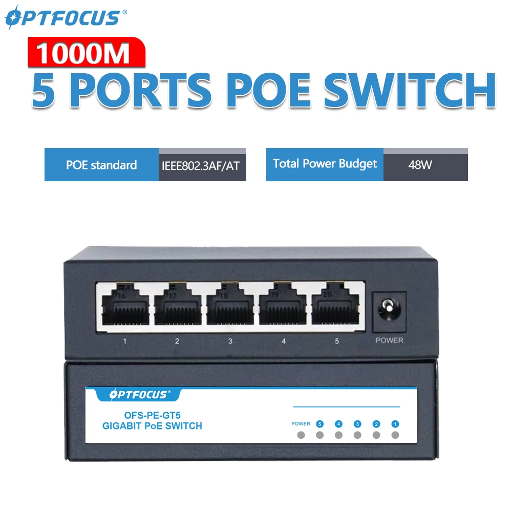 Optfox-active Ethernet Hub Switch para Câmeras Cctv Portas 48v 15w 30w 802.3af 802.3at 1000m Gigabit Poe Switch