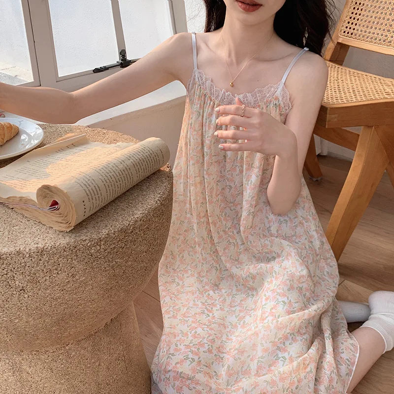 

Women's Summer Floral Nightgown Cool Chiffon Fabric Double Layer Sling Sleeveless Pajamas Lace Cute Princess 2023 New Nightdress