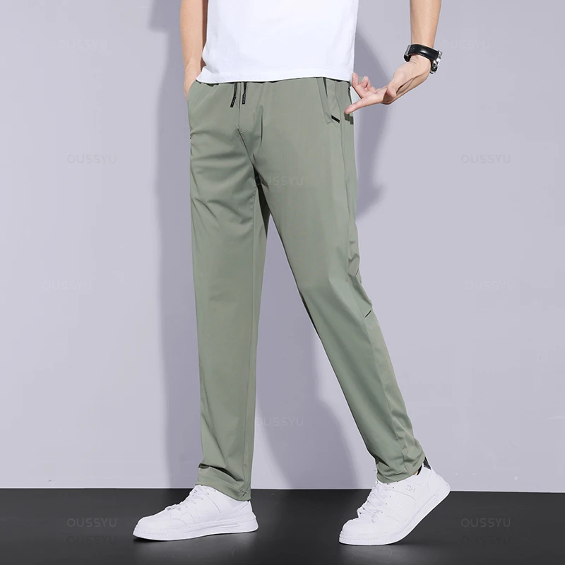 2024 Summer Men's Casual Pants Thin Soft Sports Zip Pocket Korea Grey Black Elasticity Lace-up Waist Jogging Work Trousers Male 3