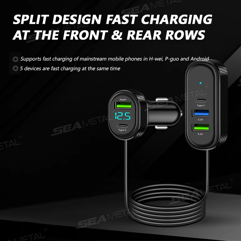 SEAMETAL 5 in 1 Car USB Charger 150cm Long Cable 66W Super-Fast Charging 5-Port Auto Phone Charger Adapter Universal for 12-24V