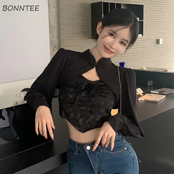 여성용 크롭 블라우스, 우아한 미적인 중국 스타일, 템퍼 전통 숙녀 스탠드 칼라, 럭셔리 디자이너, 미니멀리스트 올매치