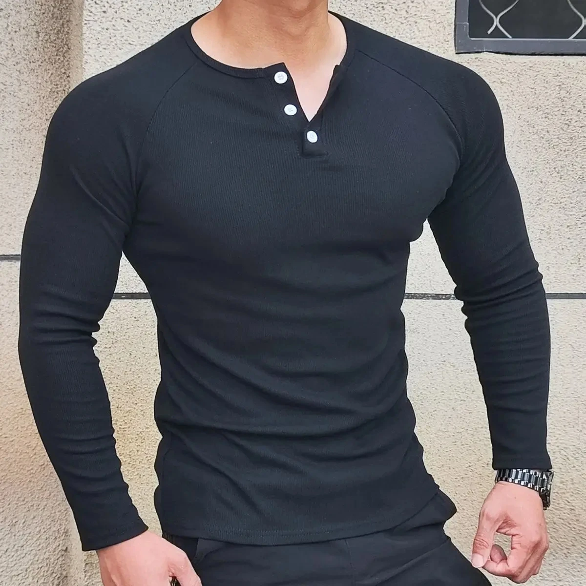 Long Sleeved Henley Neck Men's Fitness T Shirt