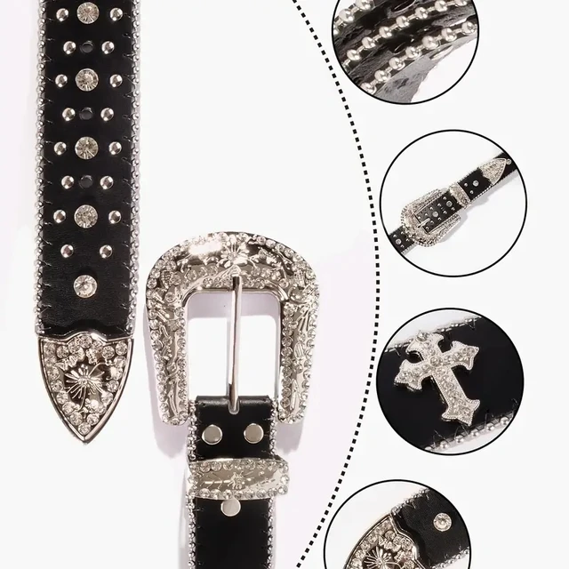 Black Cross Rivet Belt Engraved Buckle Rhinestone Decor PU Belt Hip Hop  Jeans Pants Belt Punk Western Cowboy Cowgirl Belts