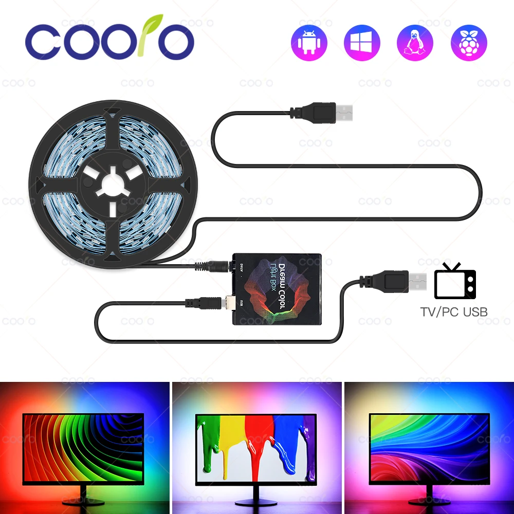 Монитор с подсветкой для окружающего телевизора, ПК, монитор с цветовой синхронизацией, струящийся разноцветный эффект, стандартная полоса, 5 в постоянного тока, USB, декор для создания атмосферы Монитор с подсветкой для окружающего телевизора, ПК, монитор с цветовой синхронизацией, струящийся разноцветный эффект, стандартная полоса, 5 в постоянного тока, USB, декор для создания атмосферы