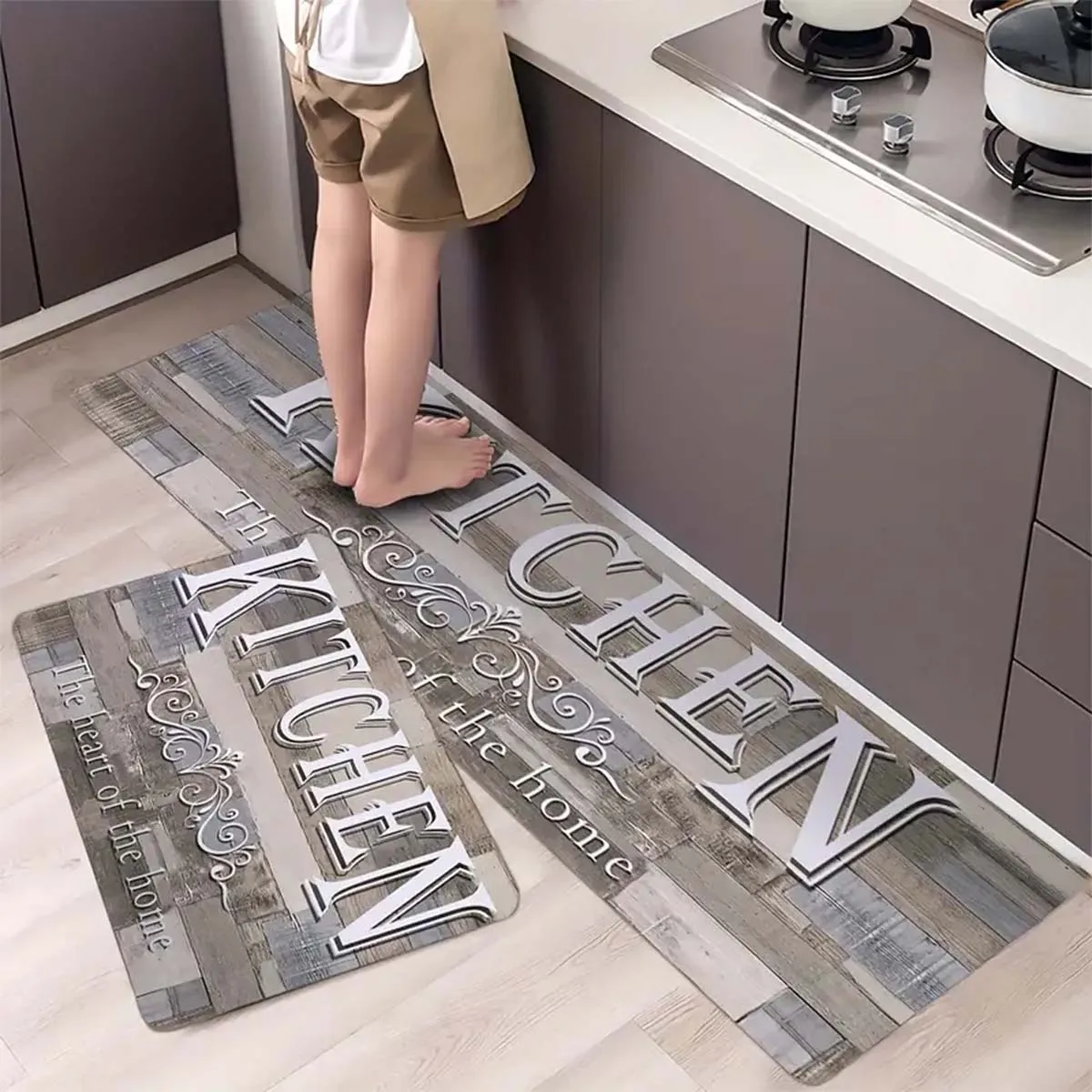

PVC Water-Absorbent Kitchen Carpet, Non-slip Area Rug, Home Gray Vintage Wood Grain Pattern Floor Mat