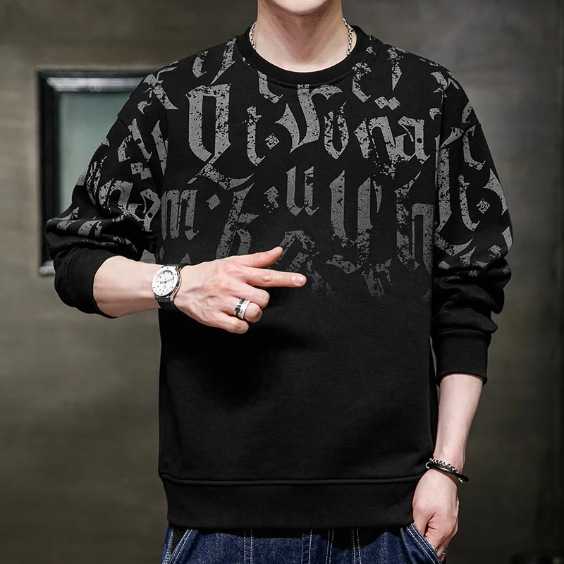 Casual Men's 2023 Autumn and Winter Pullover Round Neck New Patchwork Print Fashionable Loose and Versatile Long Sleeved Hoodie