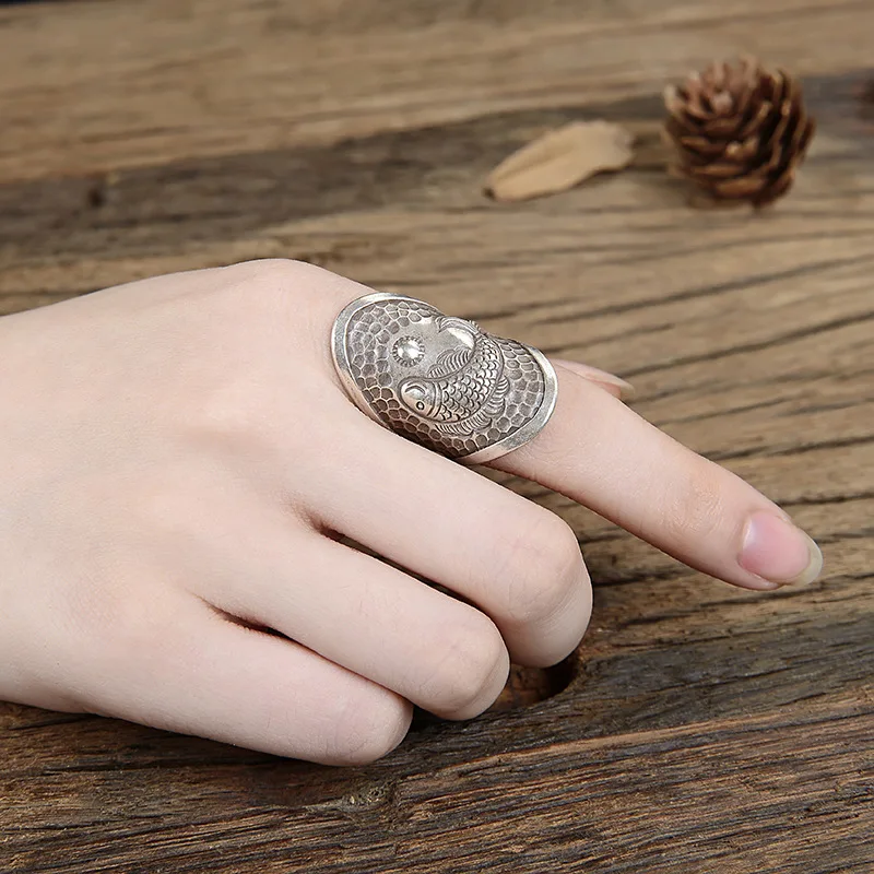 

Buddhastone Silver Color Retro Made Old Koi Handmade Men's and Women's Annual Surplus Ring Cover Tattoo Ring