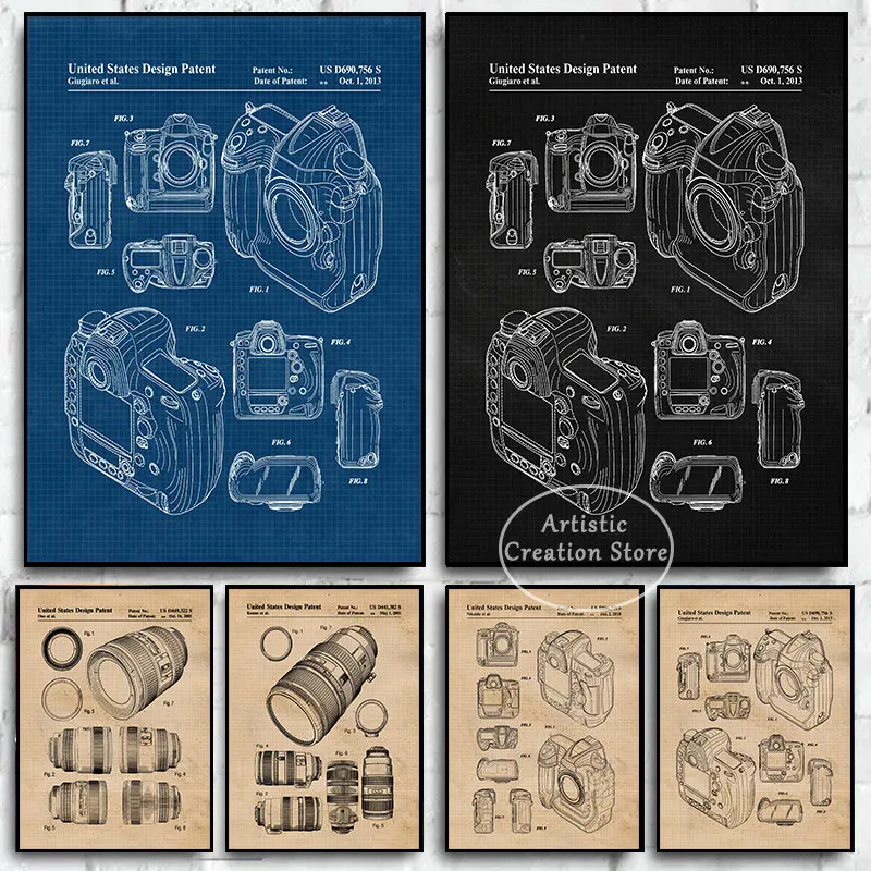 Vintage Camera Lens Patent Prints Canvas Painting Wall Art Pictures For Office Man Cave Student Sports Photography Decor Gifts