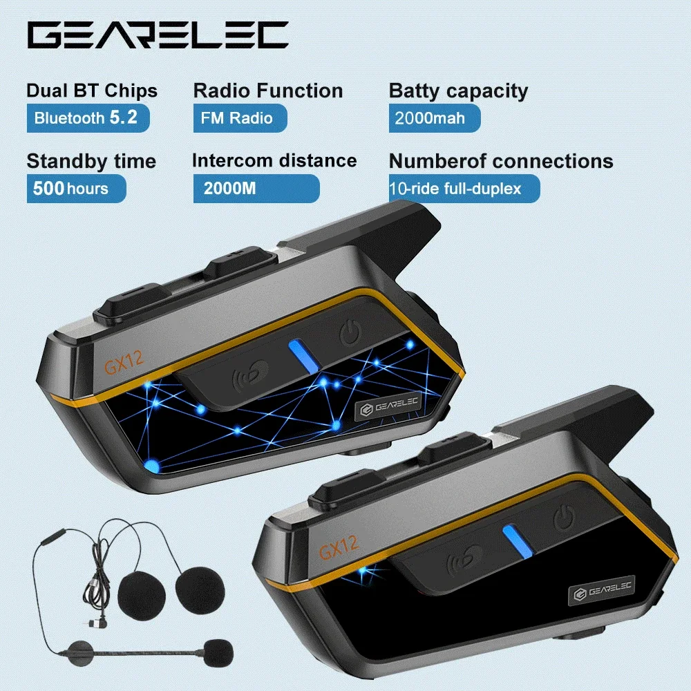 GEARELEC GX12 오토바이 블루투스 헬멧 인터콤, 2000m, 2-10 라이더..