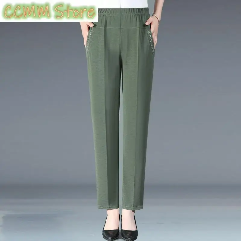New Summer Ice Silk Mid Aged Casual Pants Women's Elastic High Waist Solid Print Pocket Korean Versatile Slim Straight Trousers