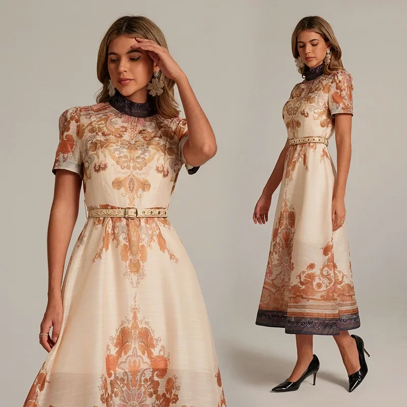 Retro Court Style Paisley Print Short Sleeve Long Dress Vintage Floral Cotton Maxi Dress for Women Baby Clothes Children's Shoes