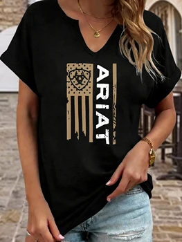 Women's Summer Crew Neck Short Sleeve T-Shirt, Ariat Distressed American Flag Print, Western Style Casual Top 1