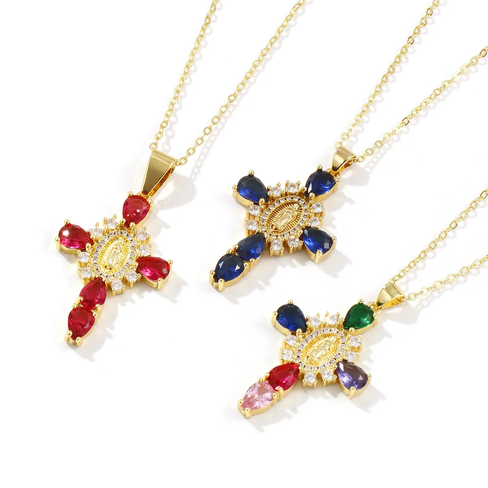 1pc Religiöse Messing Halskette Gold Farbe Link Ketten Kreuz Oval Mehrfarbige Strass Anhänger Halskette Für Frauen Partei Schmuck – Detail 1