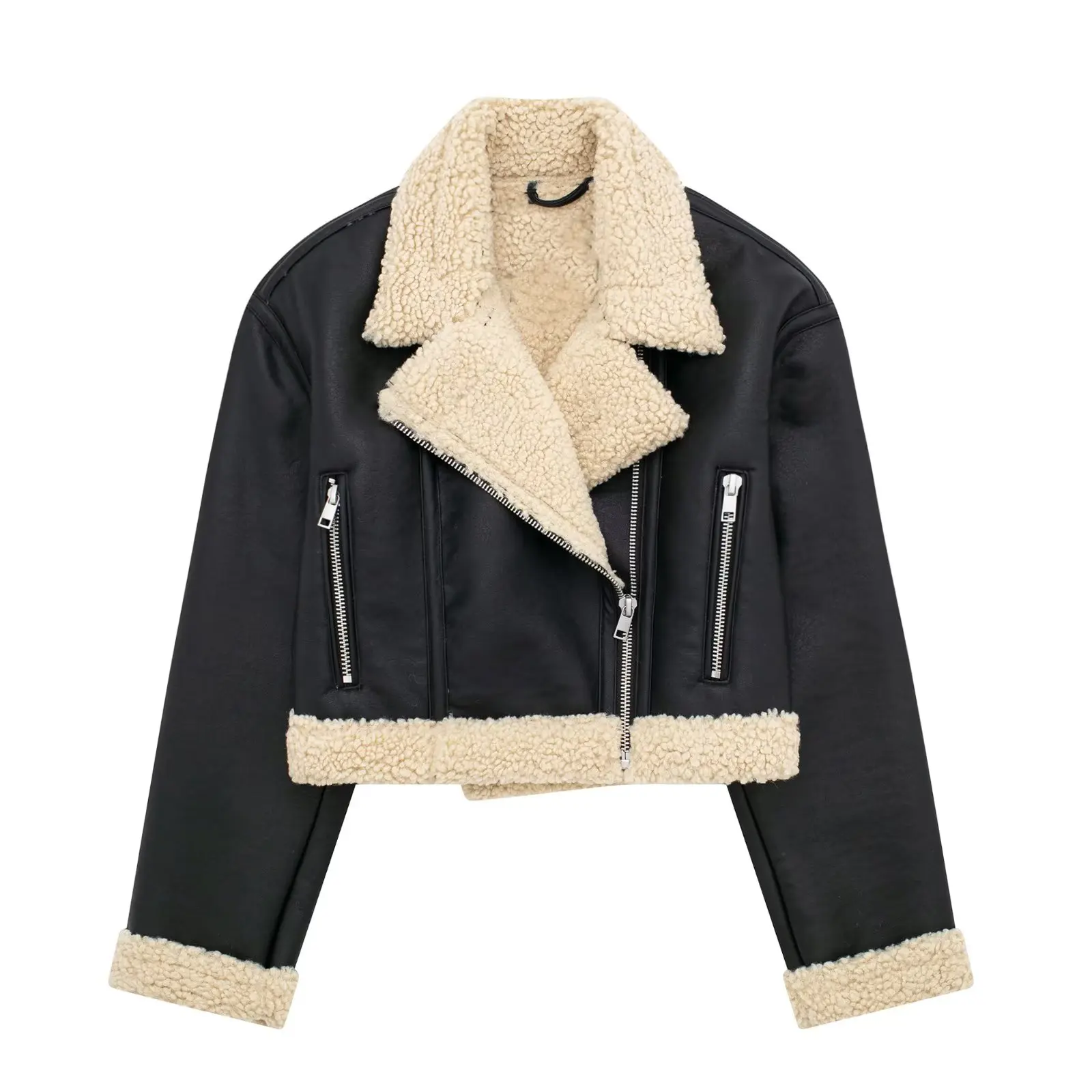 Women Lapel Long sleeve Zipper Stay Warm Coat Biker Outerwear Winter Vintage Double Face Lamb Fur Faux Leather Jacket Black
