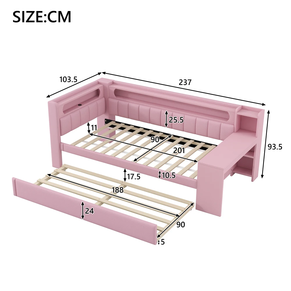 Gepolstertes Tagesbett mit Ausziehbett & Schreibtisch Multifunktionales Schlafsofa mit USB-Anschlüssen und LED-Lichtleiste Ohne Matratze – Detail 10