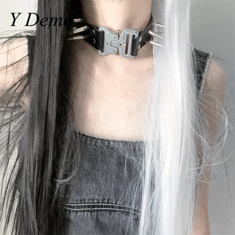 Y Demo Techwear Punk Stainless Steel Buckle Rivets Women's Choker Necklace Rock Accessory Handmade
