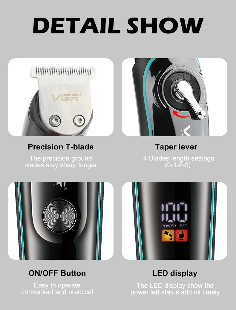 Description Picture 5 of itemVGR Professional Hair Clipper Men's Waterproof Hair Trimmer Grooming Tools Rechargeable Cordless Hair Clipper for Barber V-075
