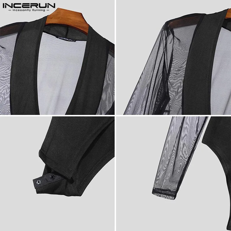 American Style Homewear Men's Splicing Mesh Jumpsuits Male Casual Bodysuits INCERUN