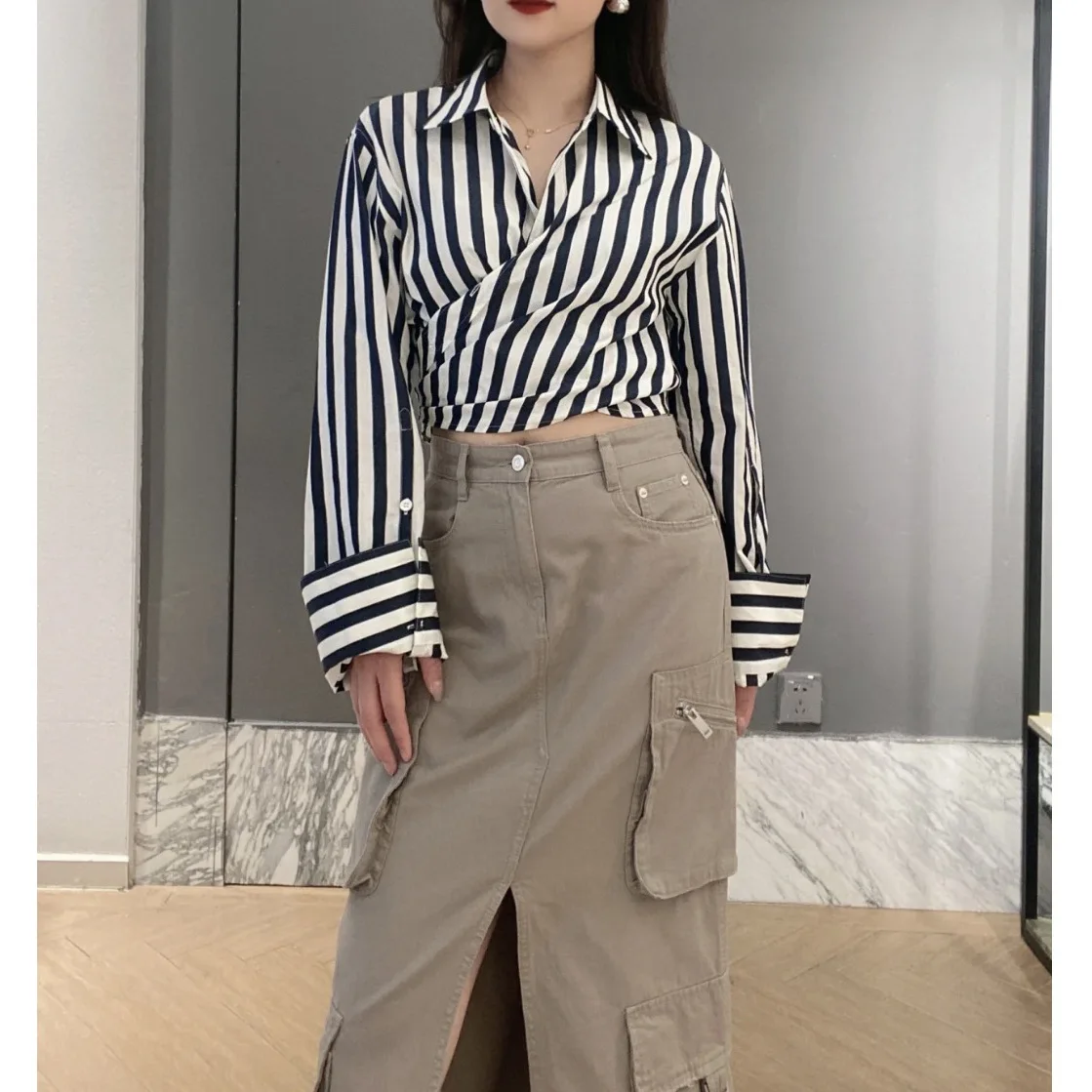 

Striped Wrap Cropped Top Cotton Blended Blouses Long Sleeve Short Shirt 2024 Spring/Summer New in Casual Woman Clothing