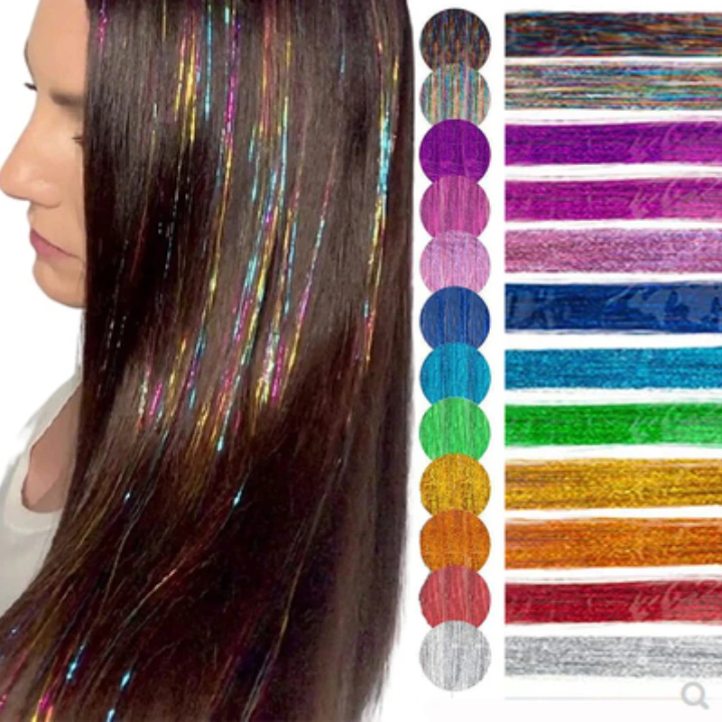 Extensiones de pelo postizo láser para niña, hebras de color arcoíris, 93cm, decoración de tiras de purpurina - Productos para el cabello