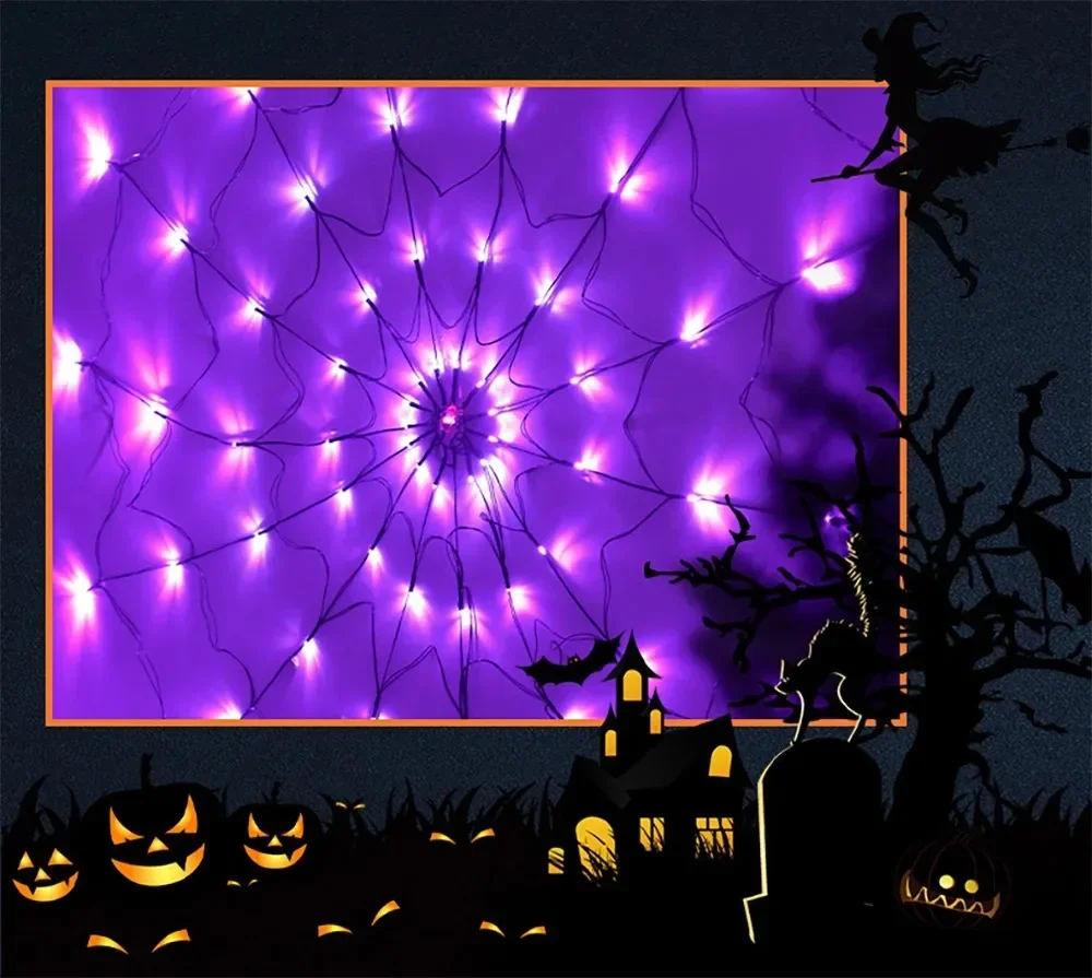 Description Picture 6 of item2024 LED Halloween Light Spider Web Decoration Lights 8 Modes Remote Control Spider Net Lamp Decorative Atmosphere Party Light