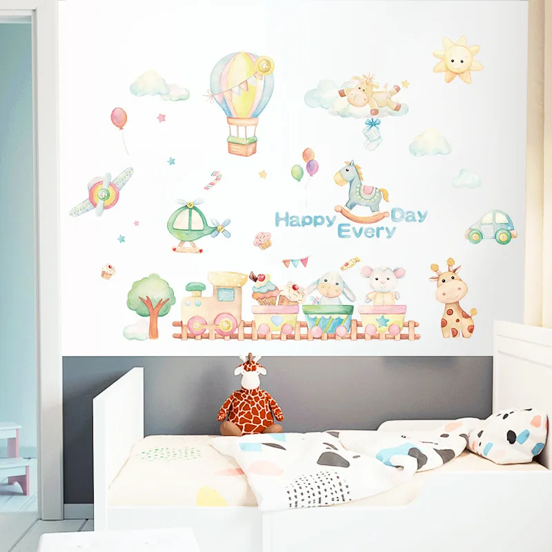 

Train Animals Hot Air Balloon Wall Stickers Giraffe for Kids Room Baby Nursery Room Wall Decals kindergarten Room Stickers