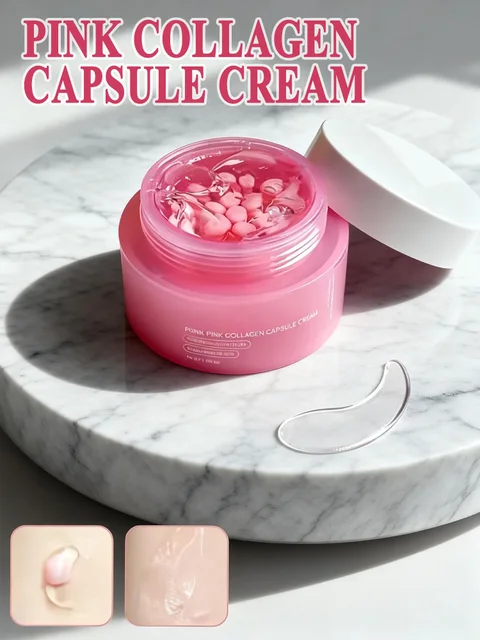 Crème en capsules de collagène rose infusée de nicotinamide, un produit hydratant pour le visage, utilisé pour lutter contre les rides et hydrater la peau. 1