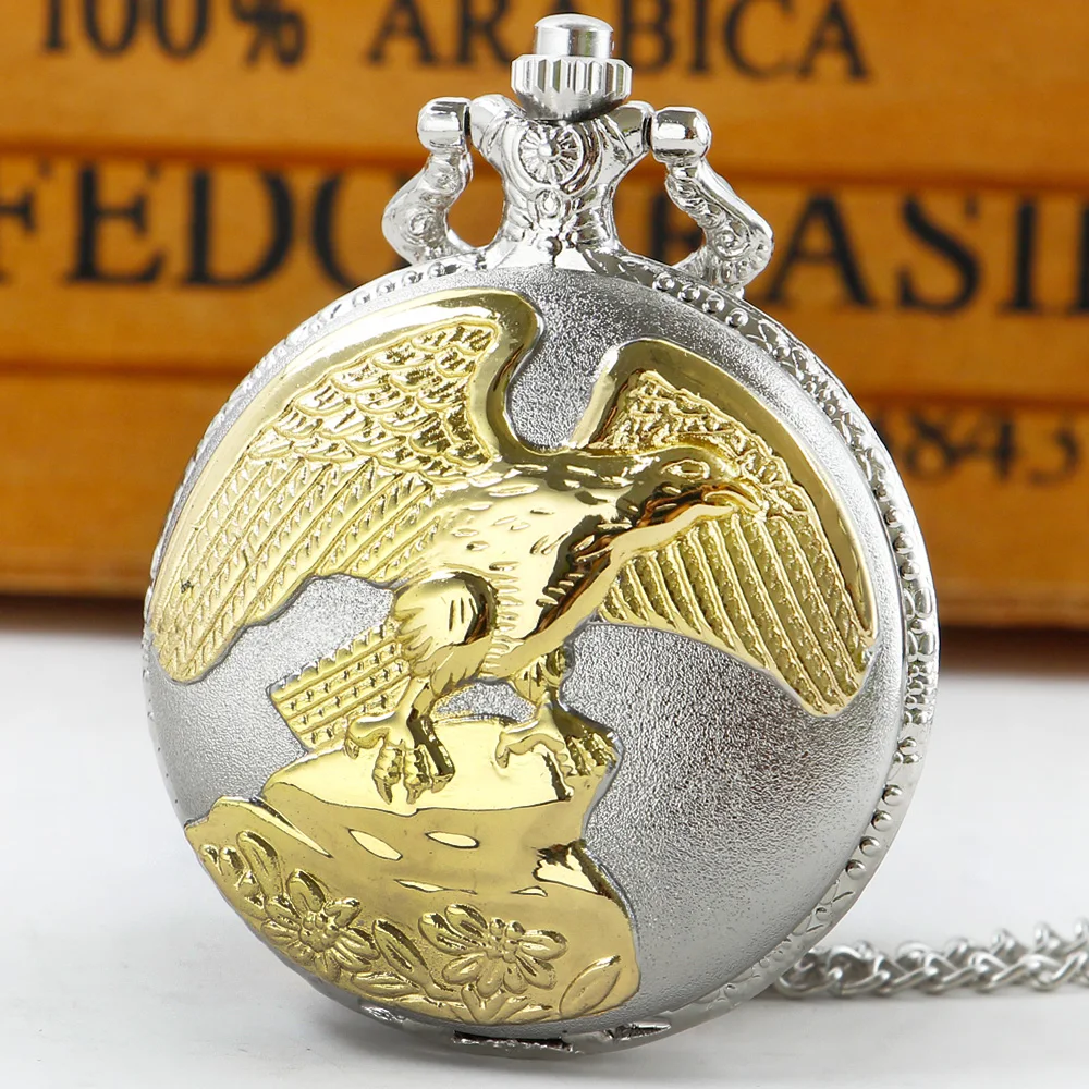 

Retro Silver Gold Flying Eagle Design Fob Quartz Pocket Watch with Chain Pendant Art Collections Antique Clock Male Female