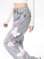 Large Size 2XL-6XL Women Loose High Waist Autumn Winter Fashion Korean Jeans Heart Shape Embroidery Blue Straight Wide-leg Pants - Image 3