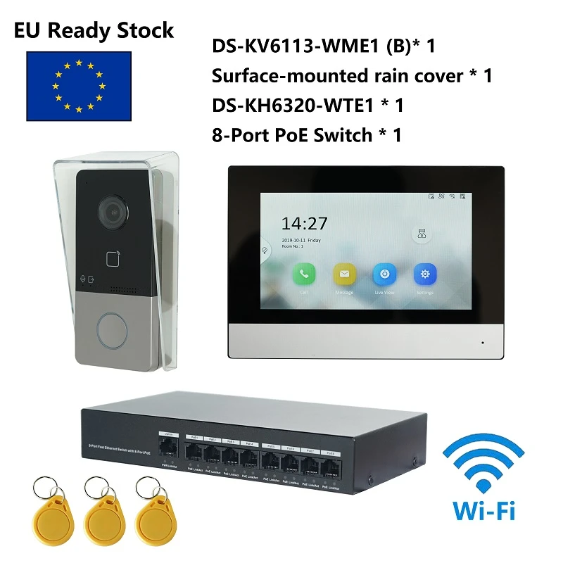 HIK KIS603-P Multi-language 802.3af POE Video intercom KIT,include DS-KV6113-WPE1(B) & DS-KH6320-WTE1 & PoE Switch door phone