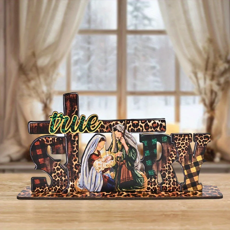 1pc Christmas Nativity Leopard Pattern Cross Story Wooden Standing Decoration Christian Decor Christmas Gift Office Decor
