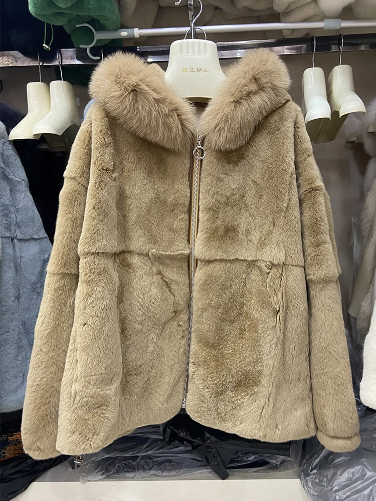 Hot Sale Women Winter Warm Soft Solid Thick Real Rex Rabbit Fur Hooded Real Fox Fur Collar Long Oversize Loose Fur Outerwear