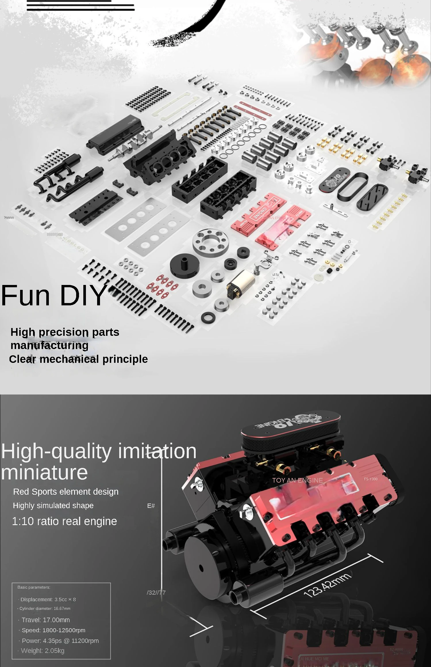  ZOSTER TOYAN V8 Nitro Engine Model HOWIN FS-V800 1:10 28cc  Eight-Cylinder Four-Stroke Water-Cooled Internal Combustion KIT Version for  RC Car Boat, Black Red, 12.34 x 3.2 x 12.73 cm : Toys