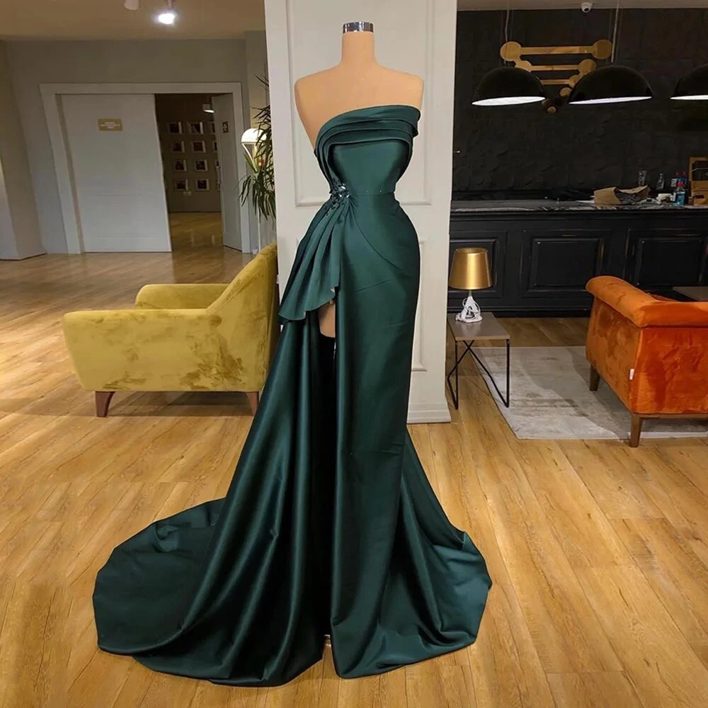 

Sleeveless Satin Long With Trailing Evening Dresses Green Slit Party Gown Women Formal Arab Dubai Plus Prom Gown Robe De Gala