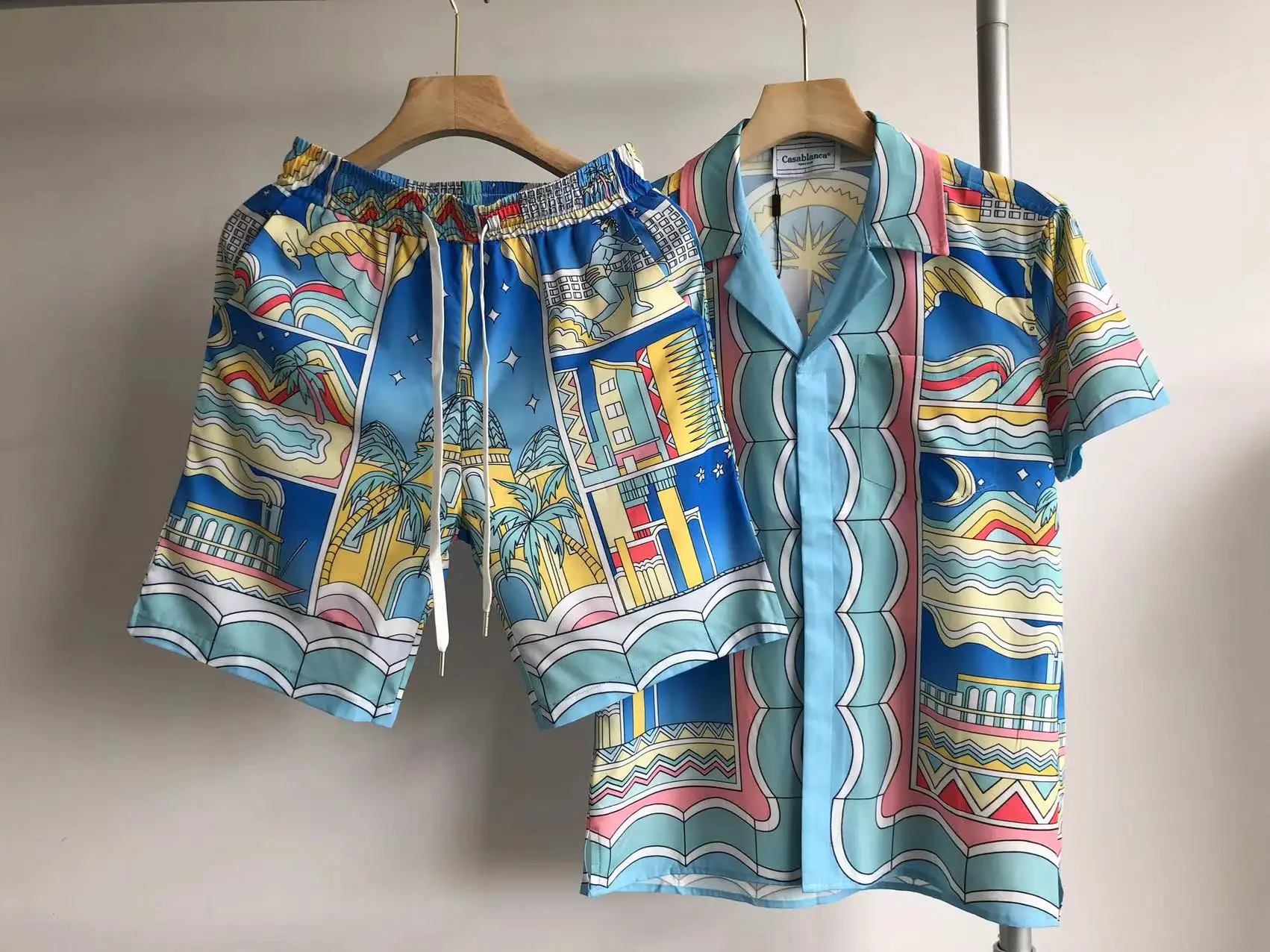 

23SS Streetwear Casablanca Shirts Short Sleeve Men Women High Quality Full Printed Castle Pattern Shirt Top Tees Inside Tag