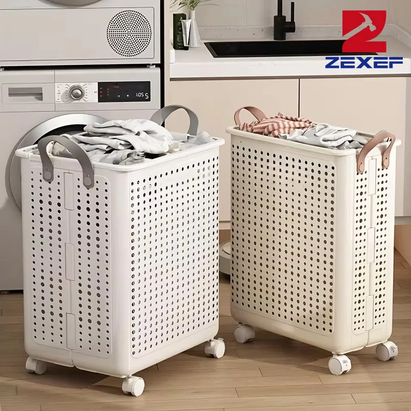 ZEXEF Rolling Laundry Basket Modern Large Capacity Foldable Plastic Multi-Use Home Bathroom Balcony Durable Storage Organizer