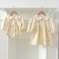Sisters Clothes Infant Baby Girls Lace Collar Dress Rompers Kids Girls Embroider Flower Princess Dress Family Clothes Rompers 1