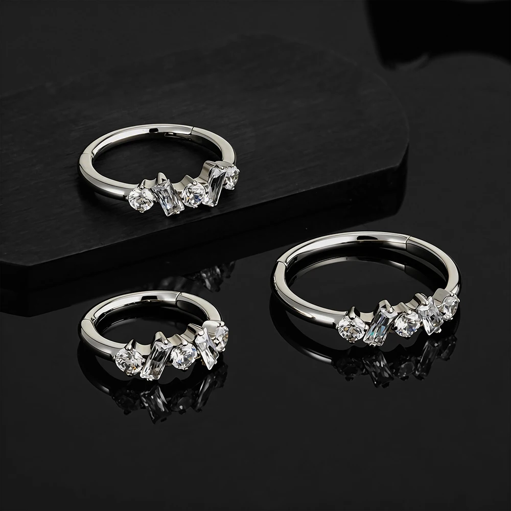 Right Grand ASTM F136 티타늄 바게트 큐빅 클러스터 허기 후프 귀걸이 (16G, 연골/헬릭스/컨치용) 8/10/12mm 클릭형 코 피어싱 주얼리