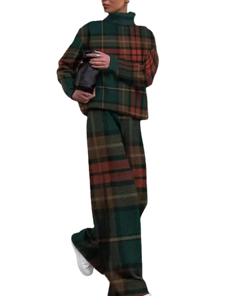 Women Loungewear Sets Winter Nighty 2 Pieces Geometic Fashion Going Out Airport Knit Warm Stand Collar Long Sleeve Sweater Pant