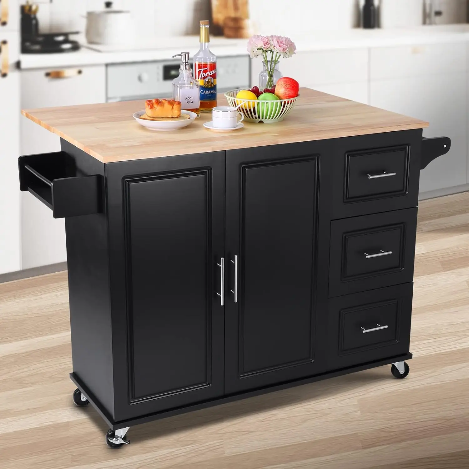 

Large Kitchen Island Cart with Drop Leaf,Storage and Adjustable Shelf Inside Cabinet,Spice Rack,Towel Rack ,Wood Table Top,Black