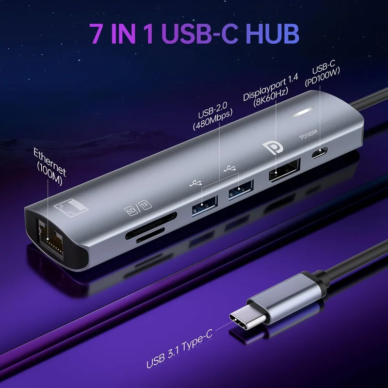 7-in-1 8K 60HZ DP HUB PD100W, Ethernet, 2 USB-Anschlüsse, SD/TF Multiport USB zu DP Adapter Dockingstation 4K 144HZ – Detail 3