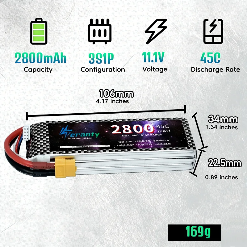 Lot 2 Packs Batterie LiPo 11.1V 1500-2800mAh 3S XT60/T pour RC