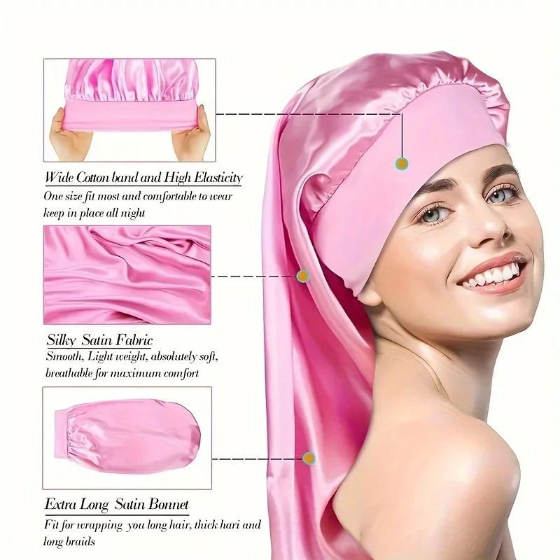 1Pc Simulated Silk Sleeping Hat Curly Hair Oversized Hat Braided Satin Hat Women's Silk Long Barrel Elastic Hairband Hat 5