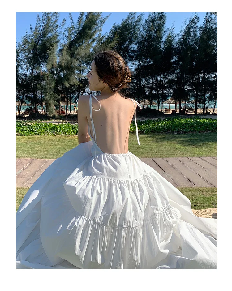 2022 new temperament holiday beach skirt ladies bikini backless hanging neck suspender cake long dress sexy fairy beach dress bathing suit wrap skirt